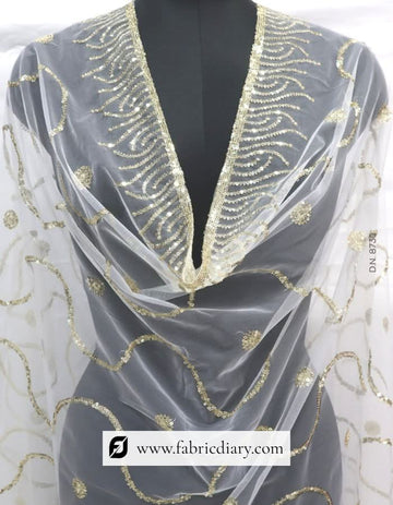 Dyeable Light Gold Sequins Embroidered Designer Net Dupatta / Scarf – #8730