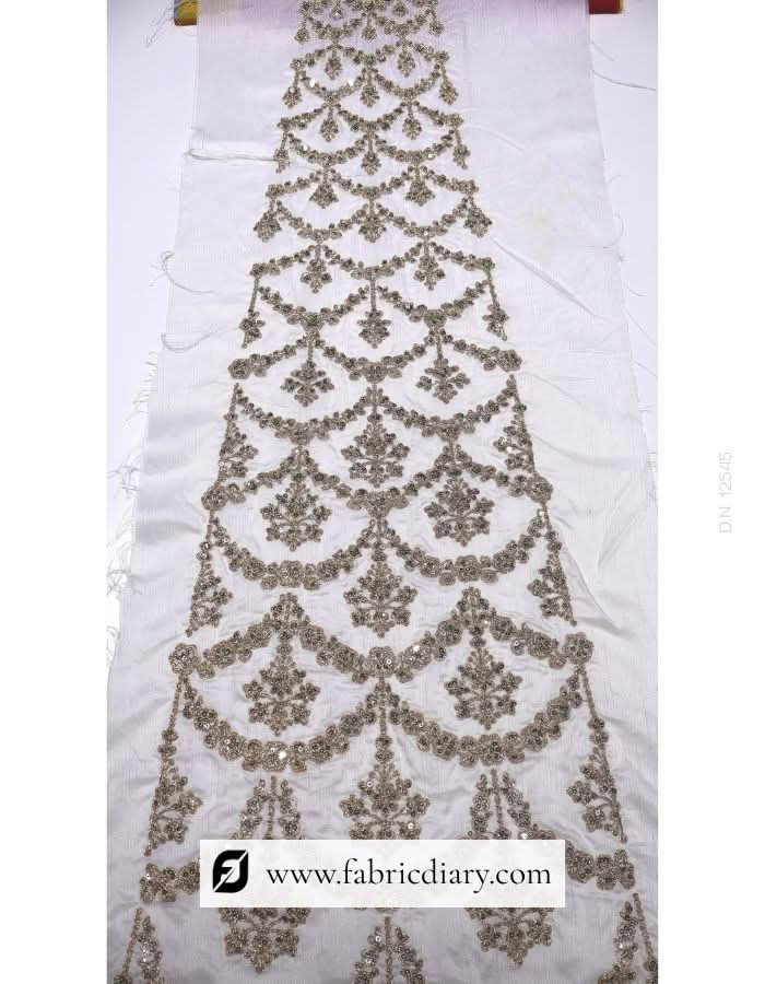 Golden cord and sequin embroidered kali fabric for bridal wear