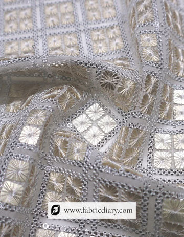 Four Square Golden and 3mm Silver Sequins Embroidered Fabric – #875