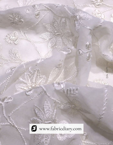 Heavy White Thread Embroidery Fabric on Georgette for Lehenga & Anarkali #11975