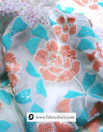 Peach & Sky Blue Sequins Fabric in Daman Style for Luxurious Garments #840