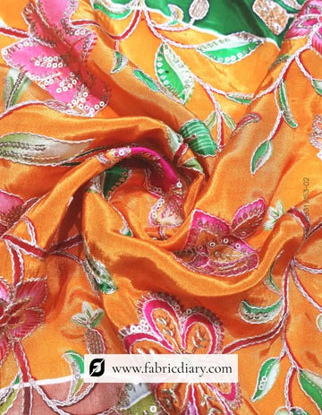Grey orange floral border printed fabric for suits