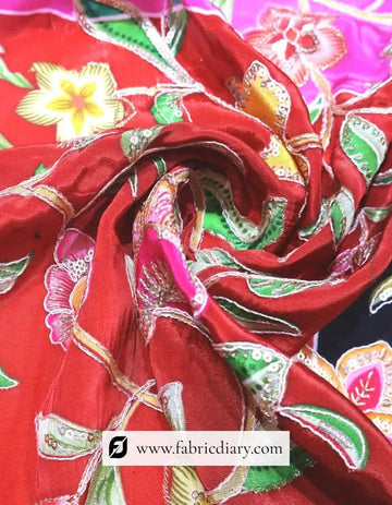 Crimson Red Floral Panel Print Fabric – Explore Punjab Fashion #14631 /153-11