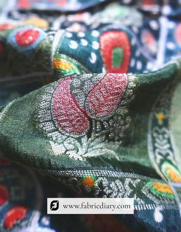 Mehendi Green Dola Silk Jacquard Position Print Fabric