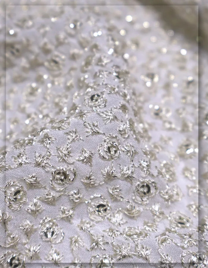Lightweight Georgette Silver Zari Sequins Fabric in Asia - 12977