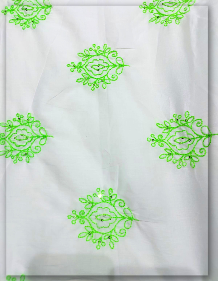 Vibrant Neon Green Cotton Butta Embroidery Fabric