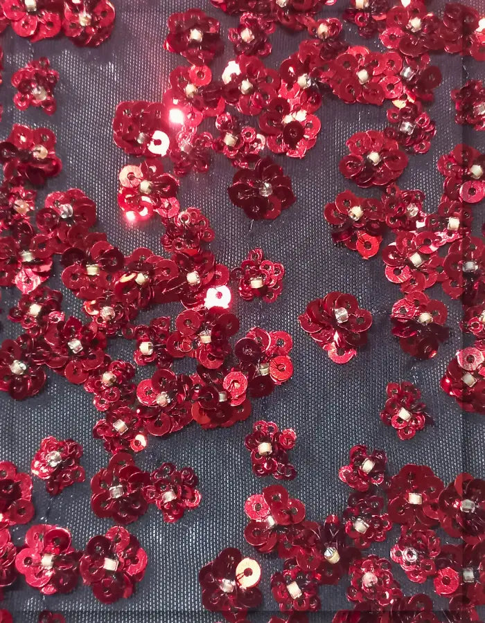 Crystal Red Sequins & Beads Embroidery on Black Mesh Lace Fabric