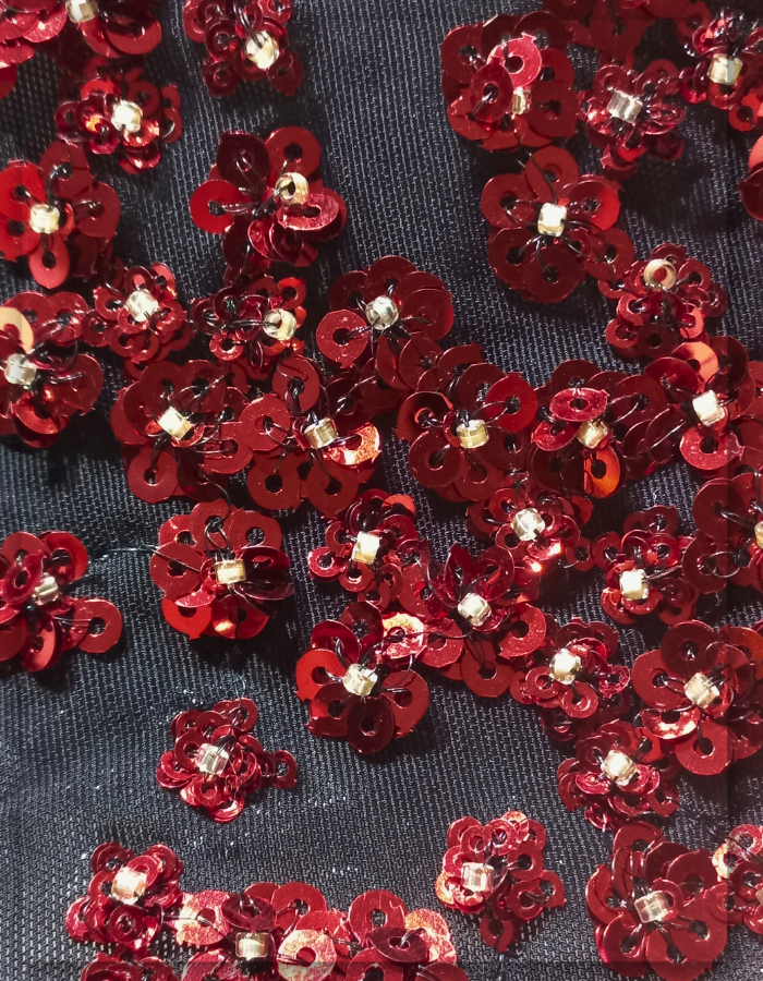 Crystal Red Sequins & Beads Embroidery on Black Mesh Lace Fabric