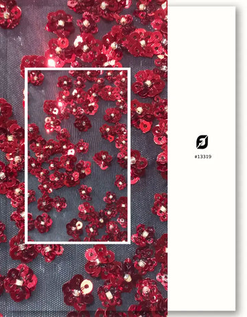 Crystal Red Sequins & Beads Embroidery on Black Mesh Lace Fabric