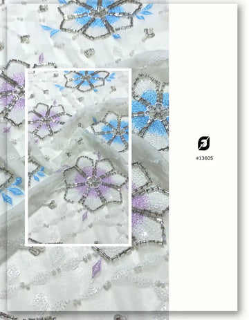 Floral Butti Beaded Embroidery Fabric - 13605