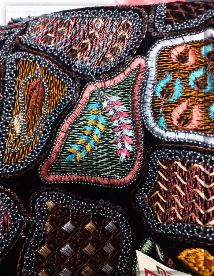 Premium Black Velvet Multicolor Embroidered Fabric with Sequins - MOQ 100 Meter