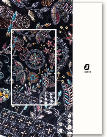 Multicolor Floral Embroidered Black Velvet Fabric - MOQ 100 Meter