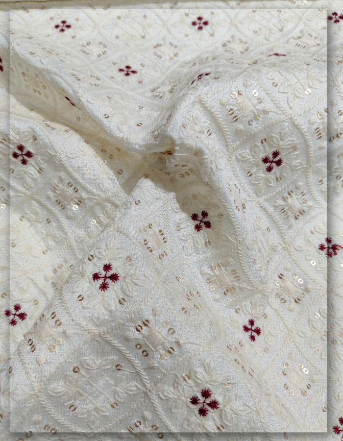 White Embroidered Sherwani Fabric With 3mm Sequins #14018