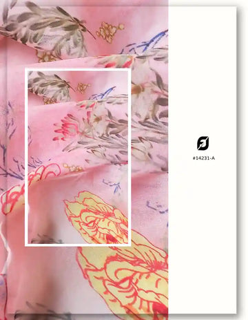 Pink Viscose Organza Fabric with Elegant Botanical Floral Print
