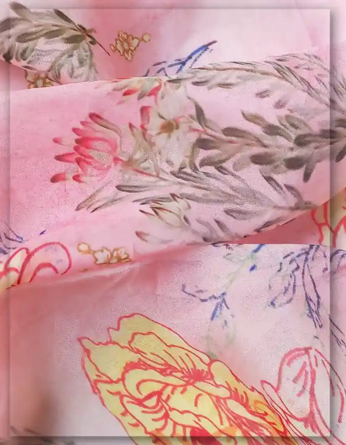 Pink Viscose Organza Fabric with Elegant Botanical Floral Print