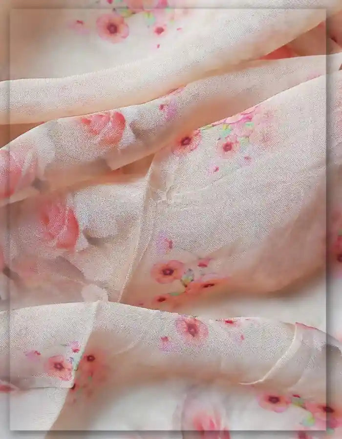Beige Viscose Organza Fabric with Soft Rose Floral Print