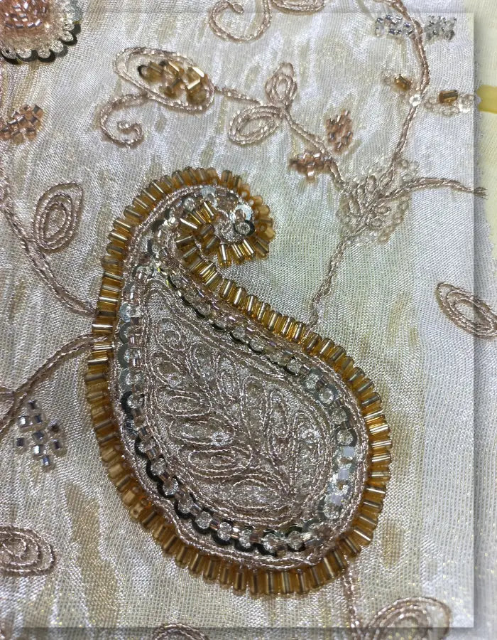 Gold Tissue Paisley Pearl Pipe Bead Cording Fabric
