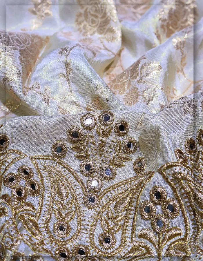 Designer Gold Tissue Jacquard Zari Mirror Work Daman Fabric for Boutiques - 14841