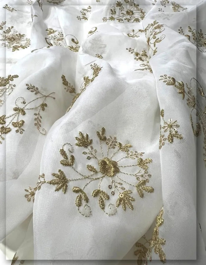 Luxury Organza Zari Embroidery Fabric for Festive Wear - 14878