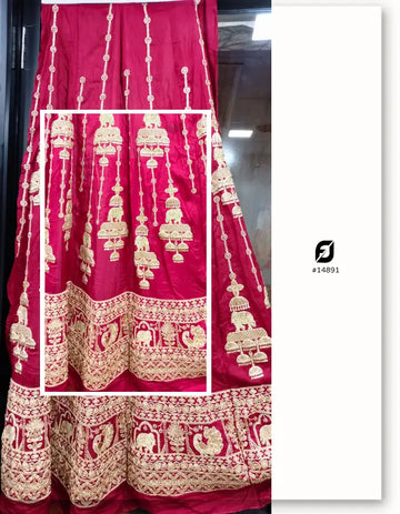 Red Raw Silk Gold Beaded Kali Fabric for Lehenga Gown