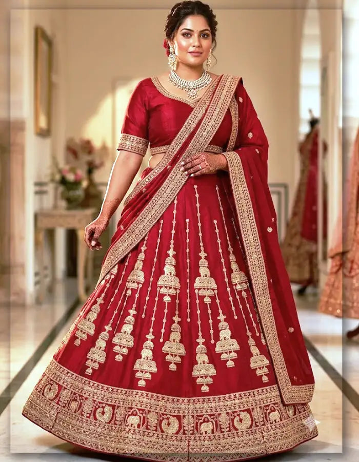 Red Raw Silk Gold Beaded Kali Fabric for Lehenga Gown