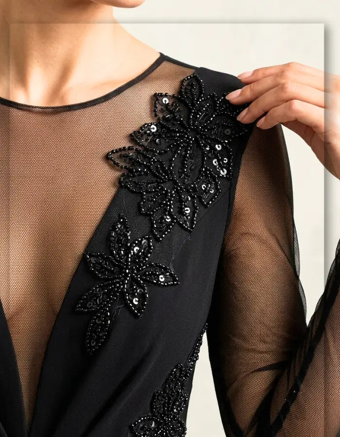 Black Floral Leaf Beaded Embroidered Applique - Price per / pcs MoQ 100 pcs