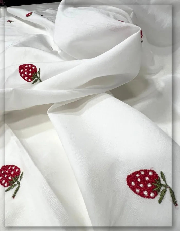 Premium White Cotton Cherry Embroidery Fabric #14947