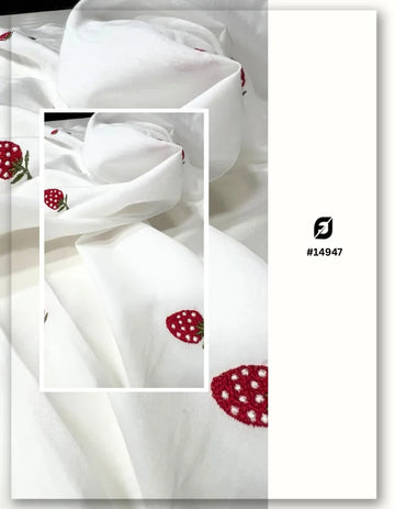 Premium White Cotton Cherry Embroidery Fabric #14947