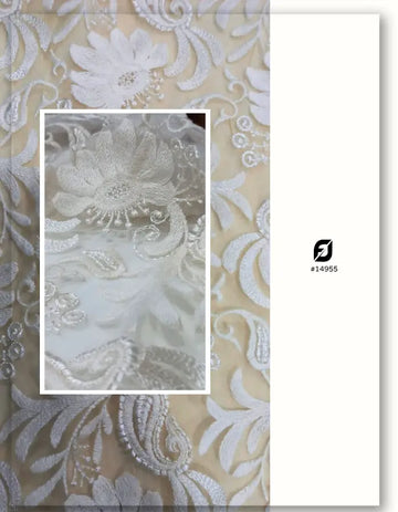 White Floral Embroidered Net Mesh Lace Fabric for Dresses