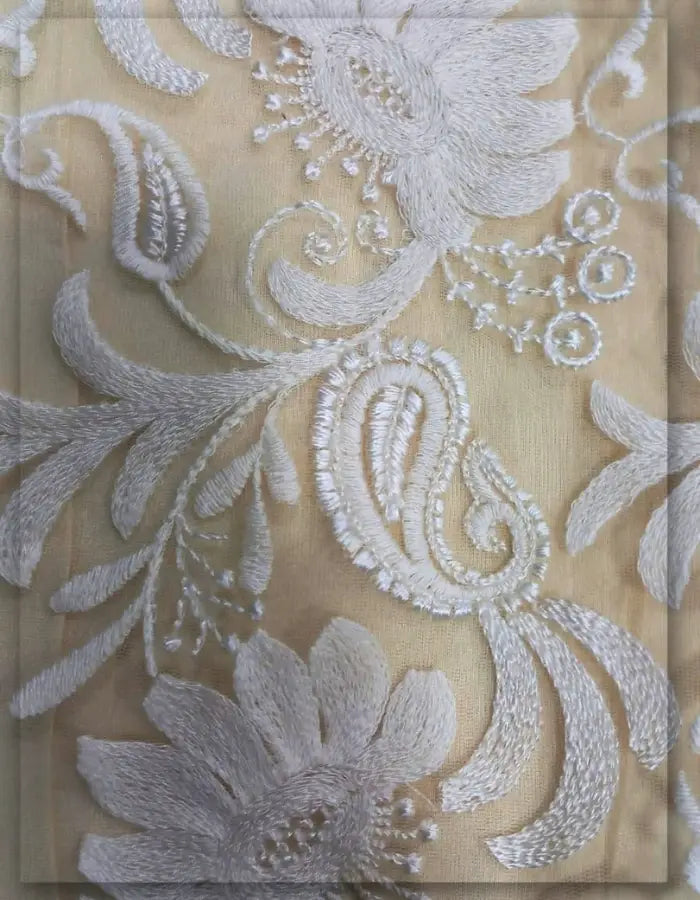 White Floral Embroidered Net Mesh Lace Fabric for Dresses