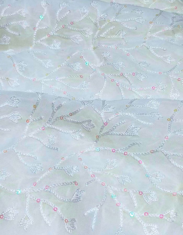 Designer Georgette Chain Stitch Embroidered Fabric for Wedding and Couture Dresses #14989