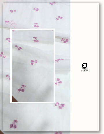 Pink Cherry Embroidered Soft White Cotton Fabric By Yard