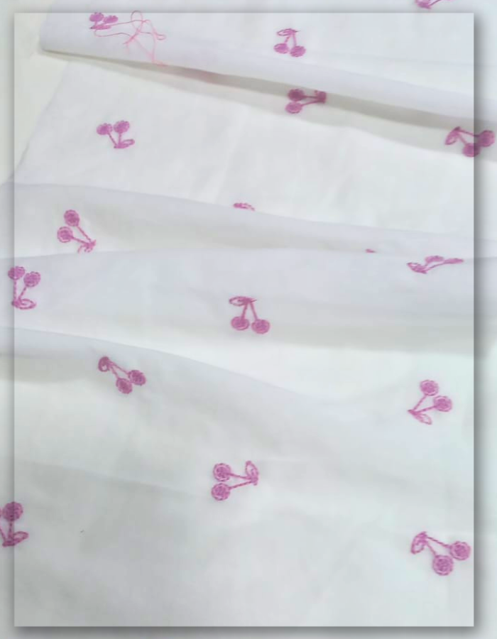 Pink Cherry Embroidered Soft White Cotton Fabric By Yard