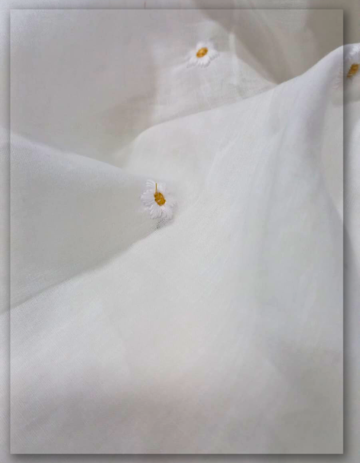 White Daisy Embroidered Cotton Sheer Fabric For Dresses