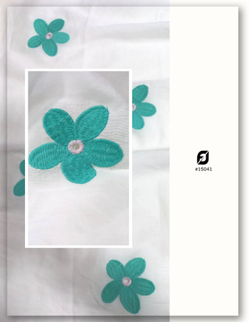 Turquoise Floral Embroidered White Cotton Fabric By Yard