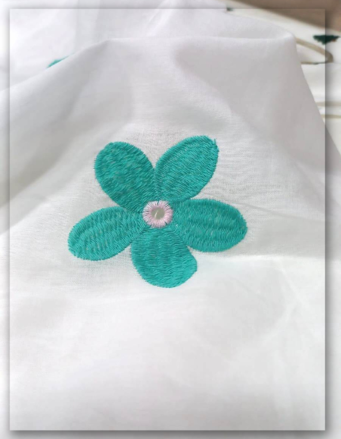Turquoise Floral Embroidered White Cotton Fabric By Yard