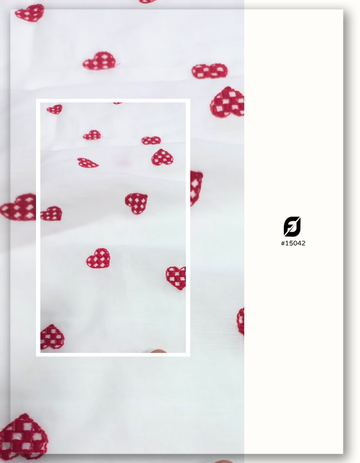 Red Plaid Heart Embroidered Soft White Cotton Fabric