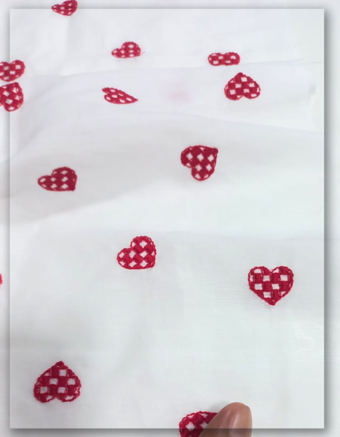 Red Plaid Heart Embroidered Soft White Cotton Fabric