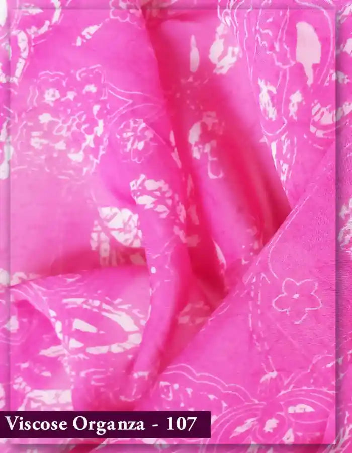 Magenta Pink Viscose Organza Fabric with Floral Outline Print
