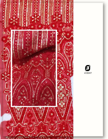 Red Beaded Georgette Fabric | Luxury Embroidered Material