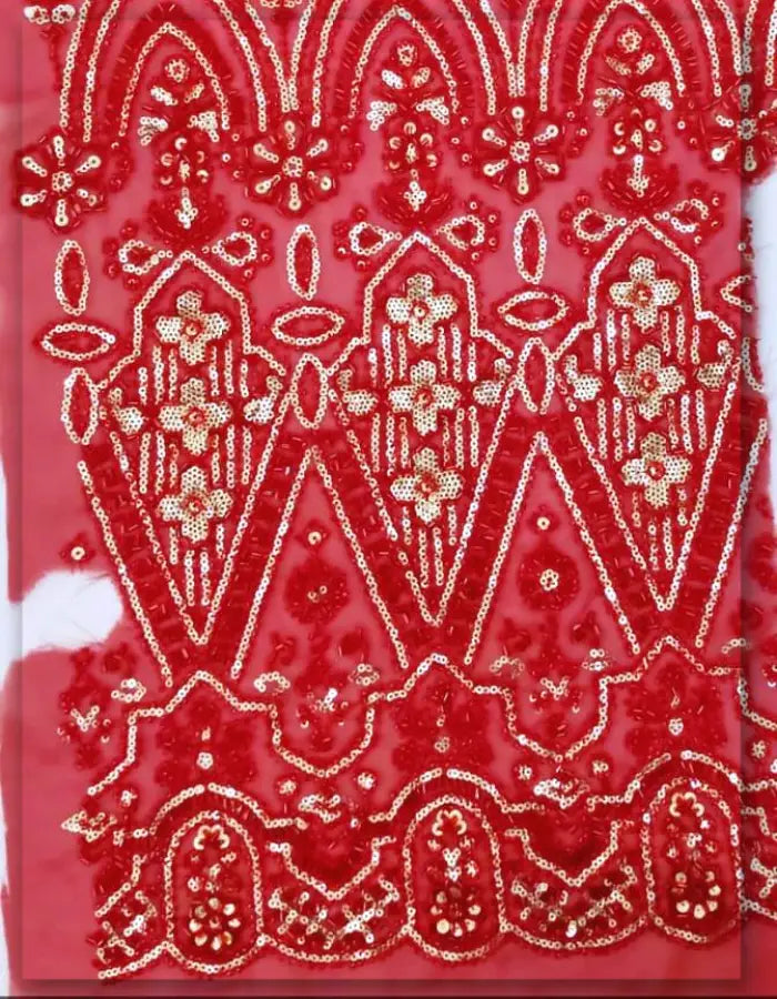 Red Beaded Georgette Fabric | Luxury Embroidered Material