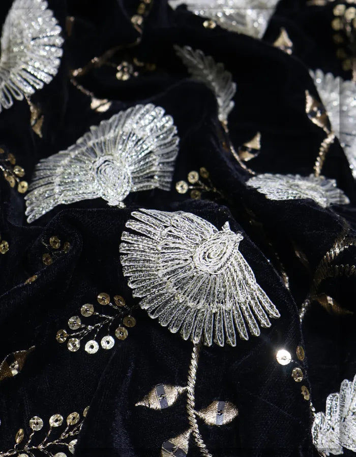 Allover Black Velvet Floral Fabric for Designer Wear - 15064