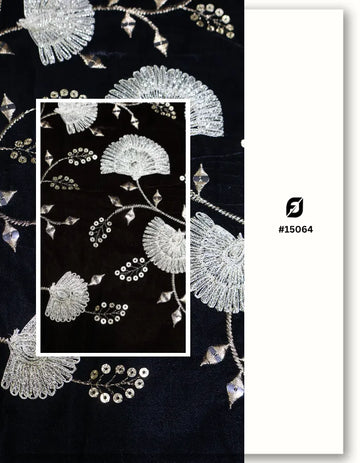 Allover Black Velvet Floral Fabric for Designer Wear - 15064