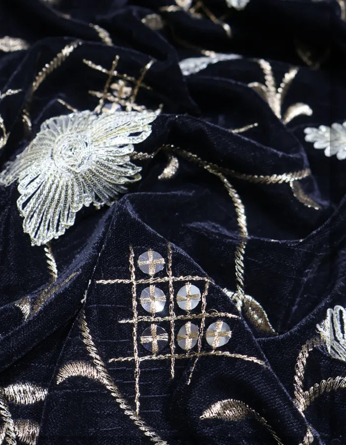 Designer Black Velvet Embroidery Fabric for Export - 15065
