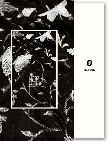 Designer Black Velvet Embroidery Fabric for Export - 15065