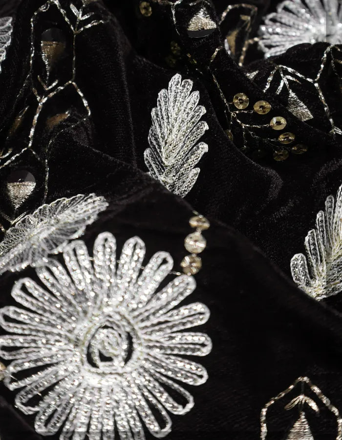 Black Velvet Zari Sequin Fabric for Designer Wear - 15066