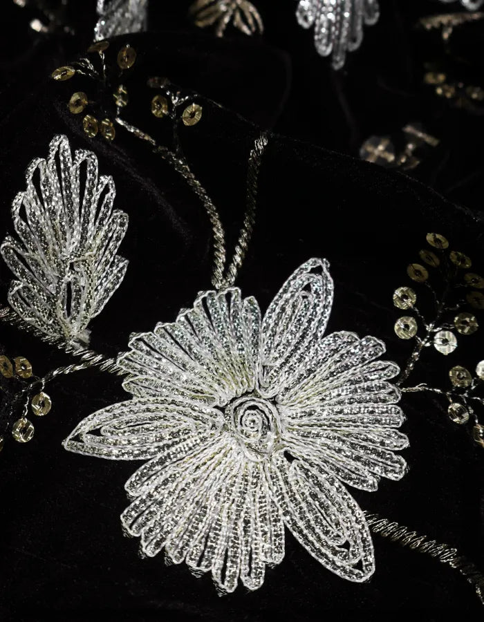 Heavy Black Velvet Zari Sequin Fabric for Bridal Wear - 15067