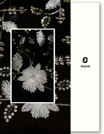 Heavy Black Velvet Zari Sequin Fabric for Bridal Wear - 15067