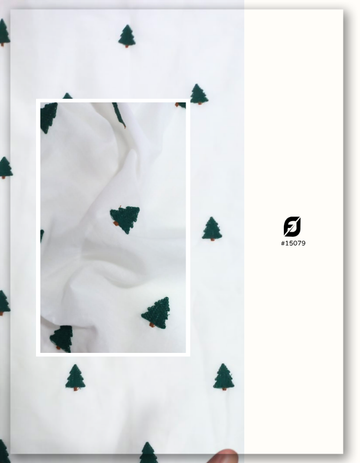 Green Pine Tree Embroidered Pure Cotton Fabric By The Yard