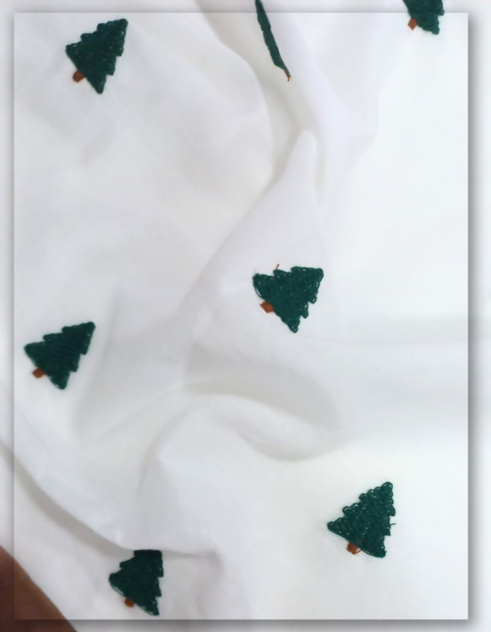 Green Pine Tree Embroidered Pure Cotton Fabric By The Yard